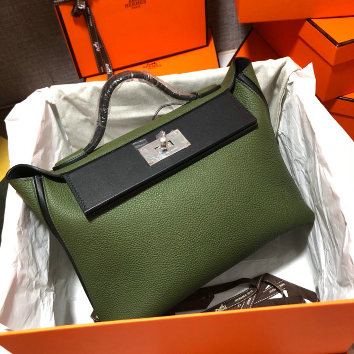 Hermes Kelly 24/24 Togo Leather Bag Green and Black H06131