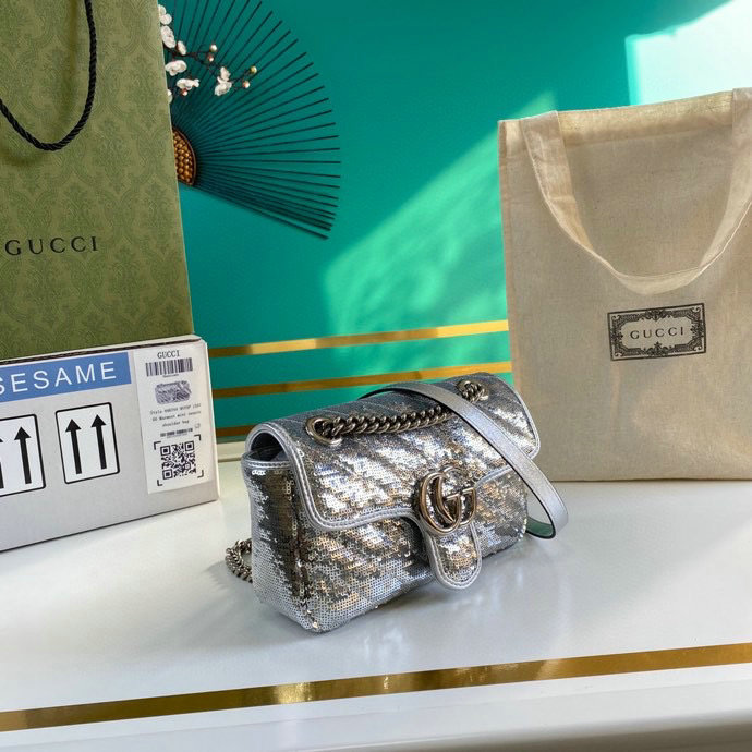 Gucci GG Marmont Mini Sequin Shoulder Bag Silver 446744
