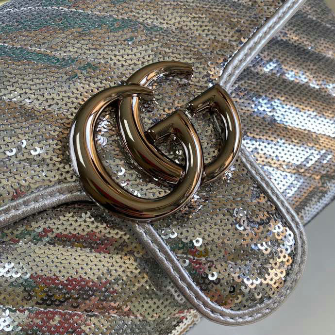 Gucci GG Marmont Small Sequin Shoulder Bag Silver 443497