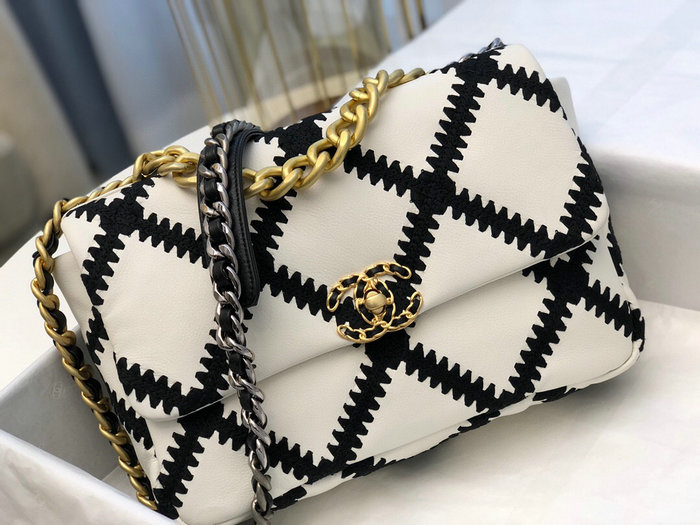 Chanel Calfskin 19 Large Flap Bag White and Black AS1161