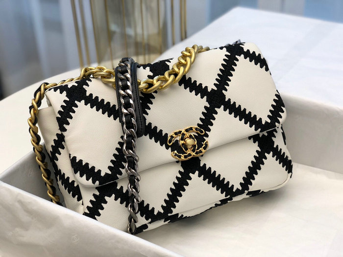 Chanel Calfskin 19 Large Flap Bag White and Black AS1161