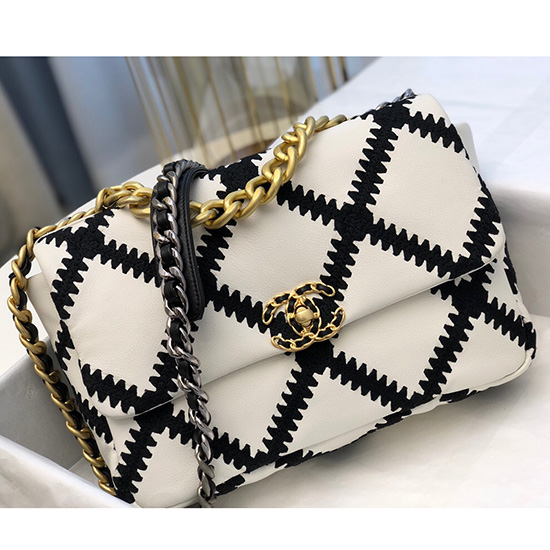 Chanel Calfskin 19 Large Flap Bag White and Black AS1161