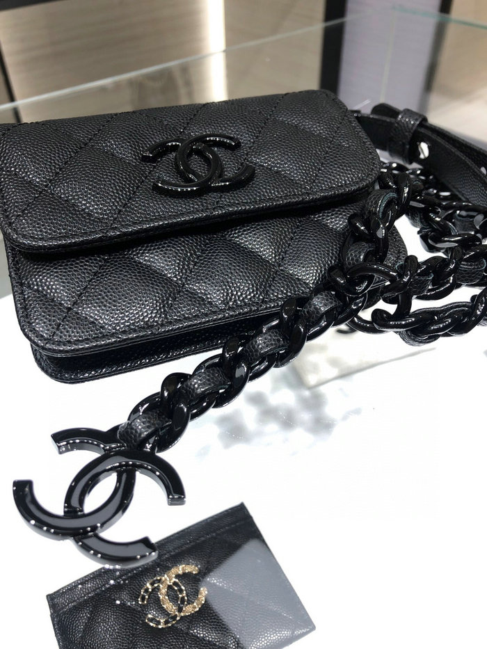 Chanel Grained Calfskin belt flap card holder black AP1955