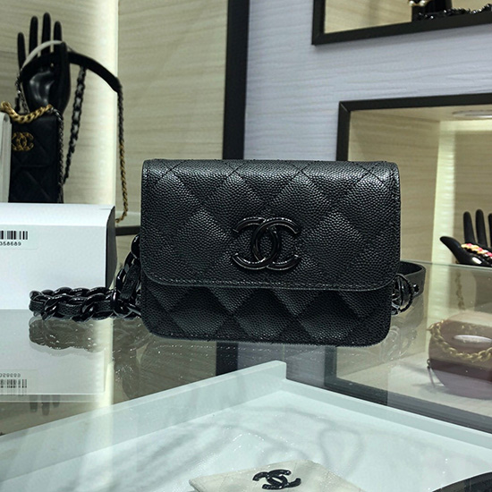 Chanel Grained Calfskin belt flap card holder black AP1955