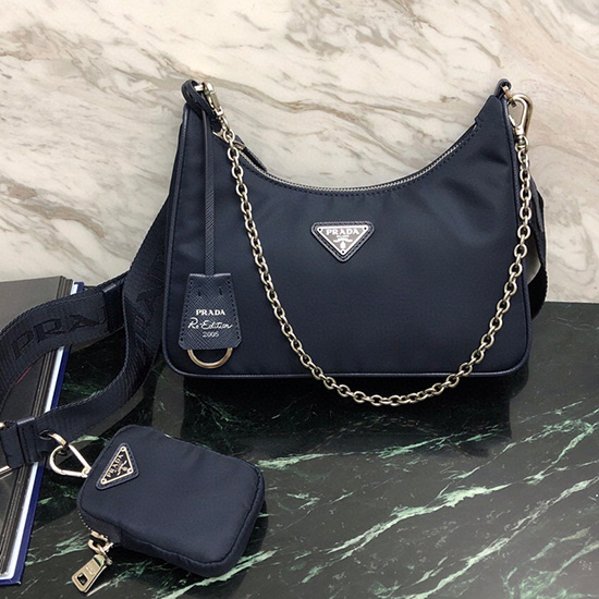 Prada Nylon Hobo Bag Dark Blue 1BH204