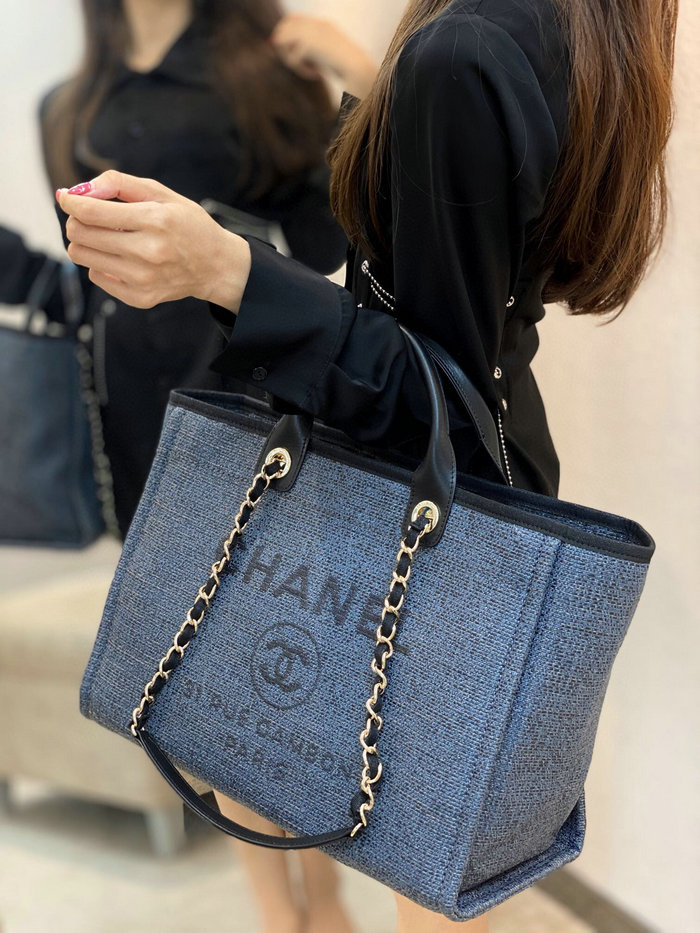 Chanel Canvas Large Deauville Shopping Bag Blue AS66941