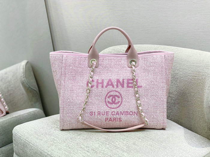 Chanel Canvas Large Deauville Shopping Bag Pink AS66941