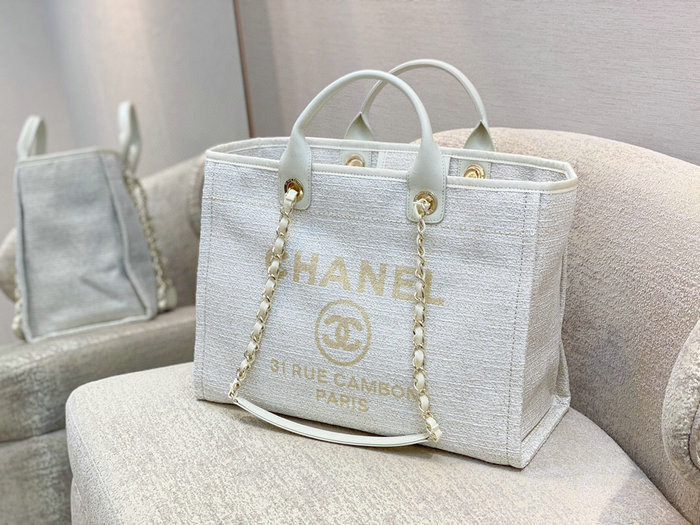 Chanel Canvas Large Deauville Shopping Bag White AS66941