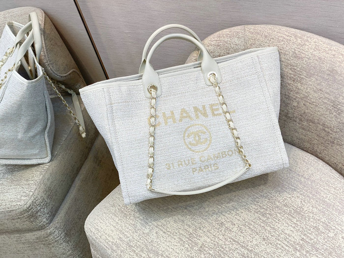 Chanel Canvas Large Deauville Shopping Bag White AS66941