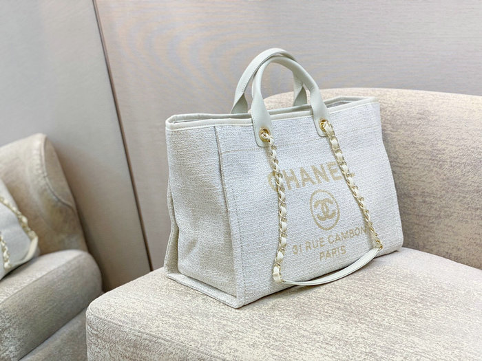 Chanel Canvas Large Deauville Shopping Bag White AS66941