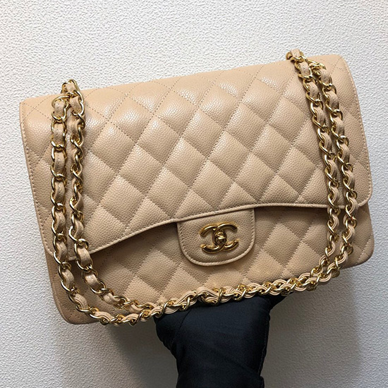 Large Classic Chanel Caviar Leather Handbag Beige Gold A01119