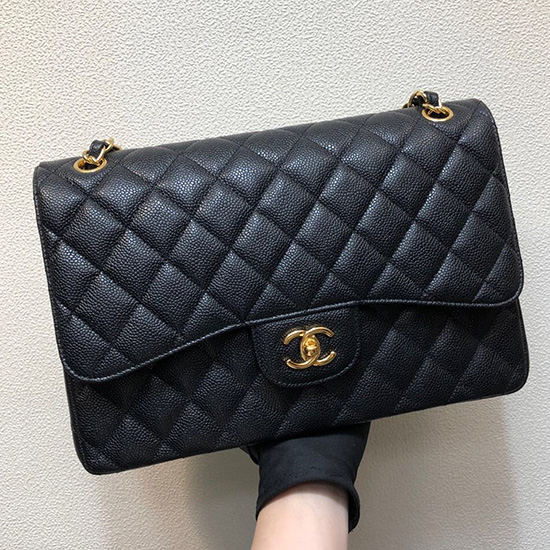 Large Classic Chanel Caviar Leather Handbag Black Gold A01119