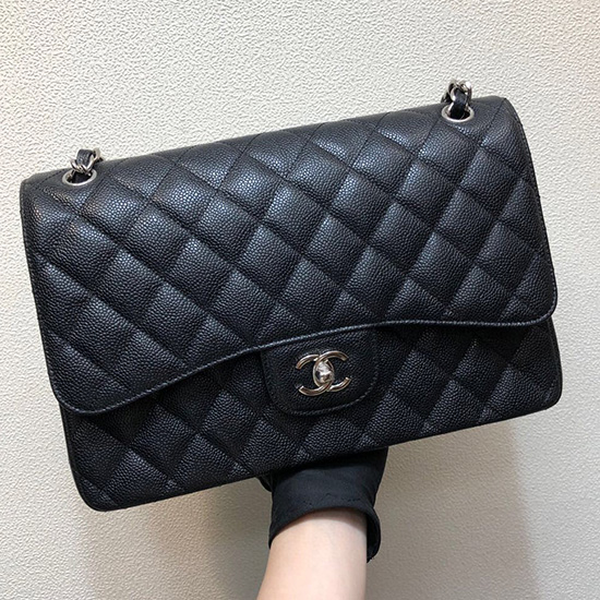 Large Classic Chanel Caviar Leather Handbag Black Silver A01119