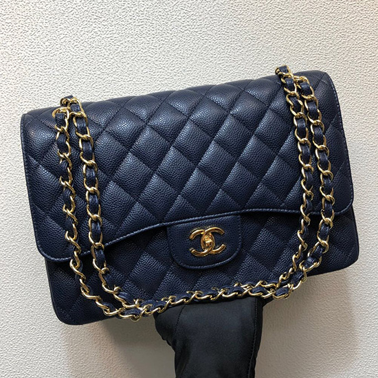 Large Classic Chanel Caviar Leather Handbag Blue Gold A01119