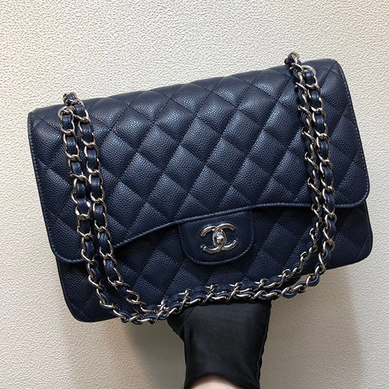 Large Classic Chanel Caviar Leather Handbag Blue Silver A01119