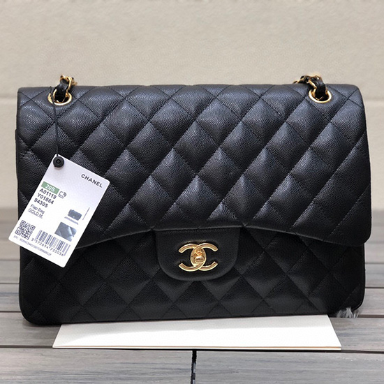 Large Classic Chanel Grained Calfskin Handbag Black Gold A01119