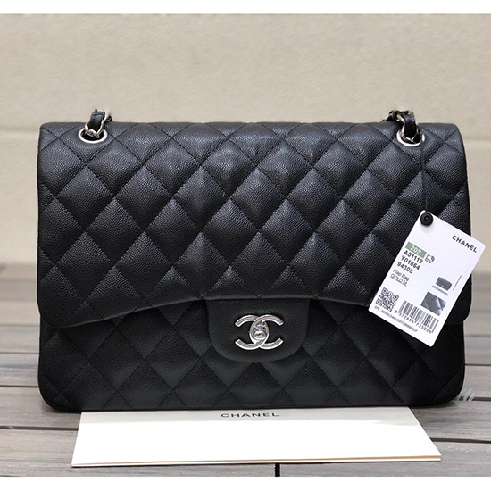 Large Classic Chanel Grained Calfskin Handbag Black Silver A01119