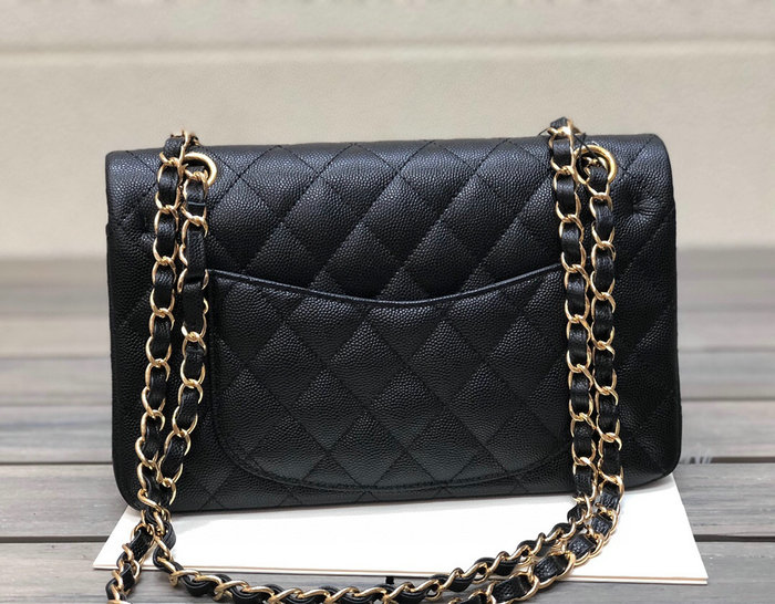 Small Classic Chanel Grain Calfskin Flap Bag Black with Gold A01117