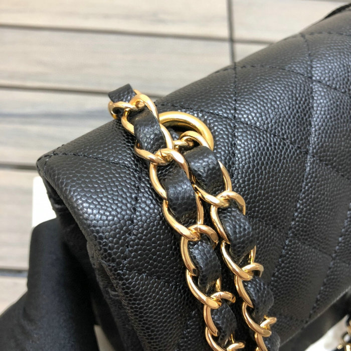 Small Classic Chanel Grain Calfskin Flap Bag Black with Gold A01117