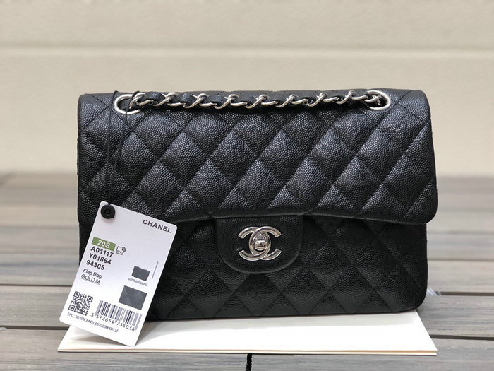 Small Classic Chanel Grain Calfskin Flap Bag Black with Silver A01117