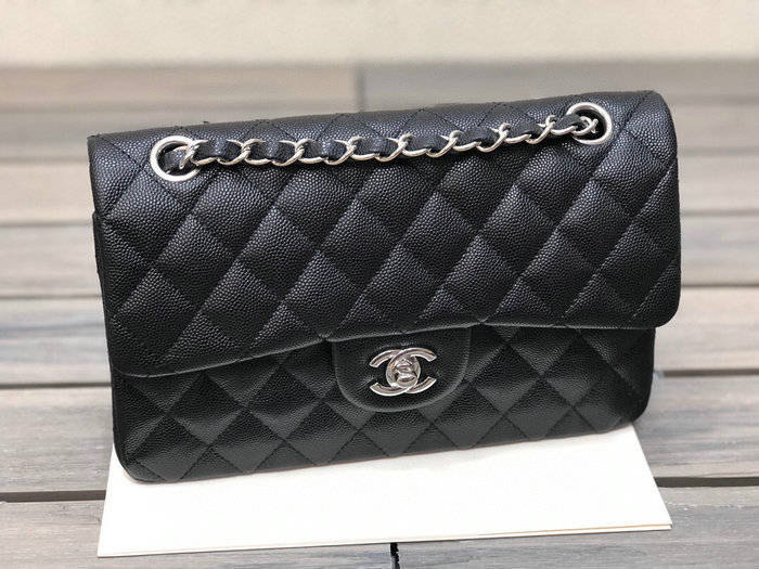 Small Classic Chanel Grain Calfskin Flap Bag Black with Silver A01117