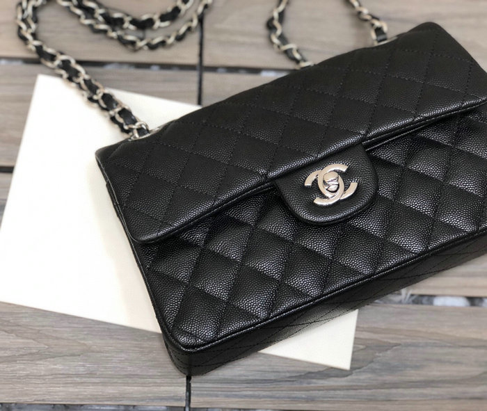 Small Classic Chanel Grain Calfskin Flap Bag Black with Silver A01117