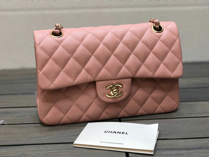 Small Classic Chanel Grain Calfskin Flap Bag Pink A01117