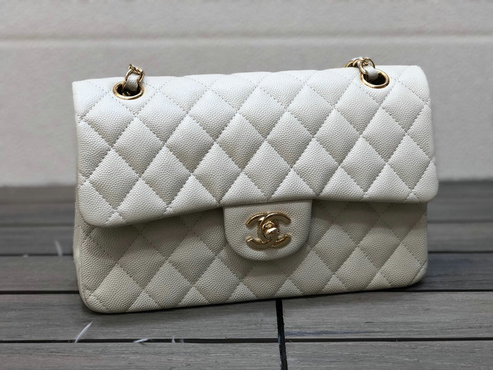 Small Classic Chanel Grain Calfskin Flap Bag White A01117