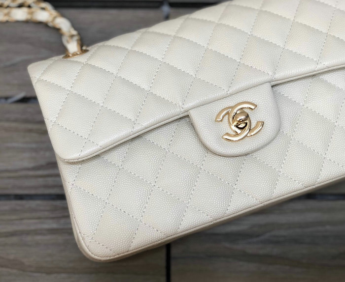 Small Classic Chanel Grain Calfskin Flap Bag White A01117