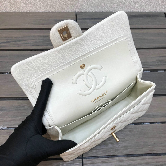 Small Classic Chanel Grain Calfskin Flap Bag White A01117