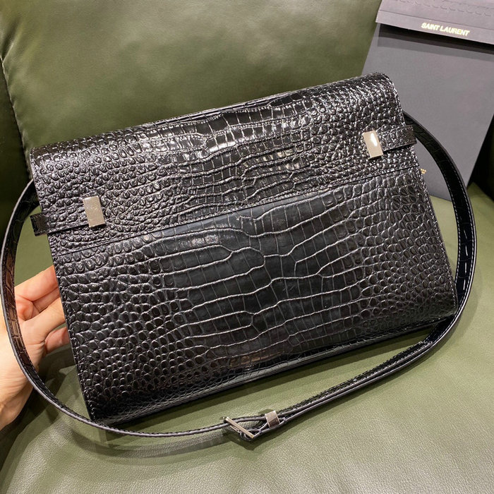 YSL Manhattan Shoulder Bag in Black Crocodile-embossed Silver 579271