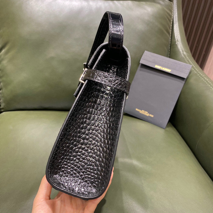 YSL Manhattan Shoulder Bag in Black Crocodile-embossed Silver 579271