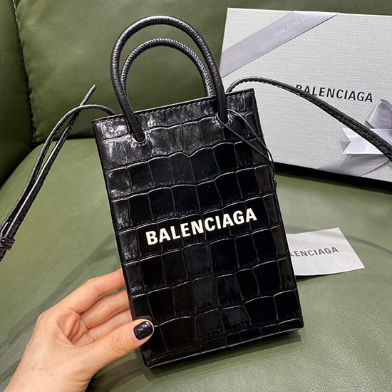 Balenciaga Croc-effect Leather Shopping Phone Holder Black 593826