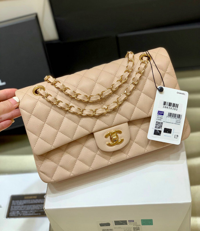 Classic Chanel Grained Calfskin Handbag Beige A01112