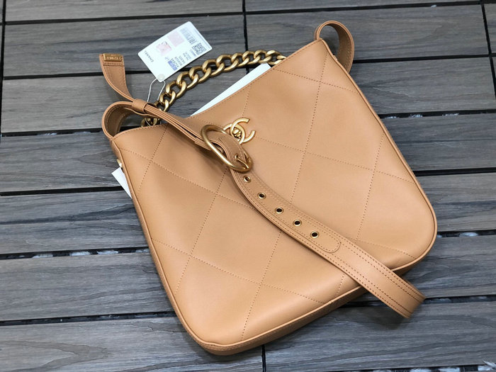 Chanel Calfskin Hobo Handbag Beige AS2844