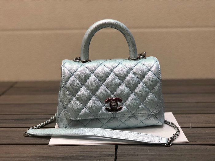 Chanel Mini Flap Bag with Top Handle Shiny Blue AS2215