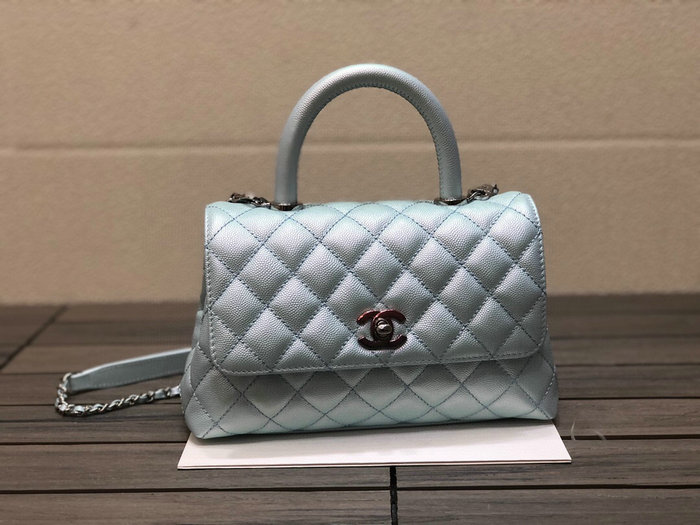 Chanel Small Flap Bag with Top Handle Shiny Blue A92990