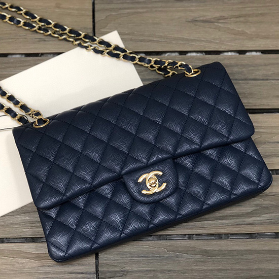 Classic Chanel Grained Calfskin Medium Flap Bag Blue CF1112