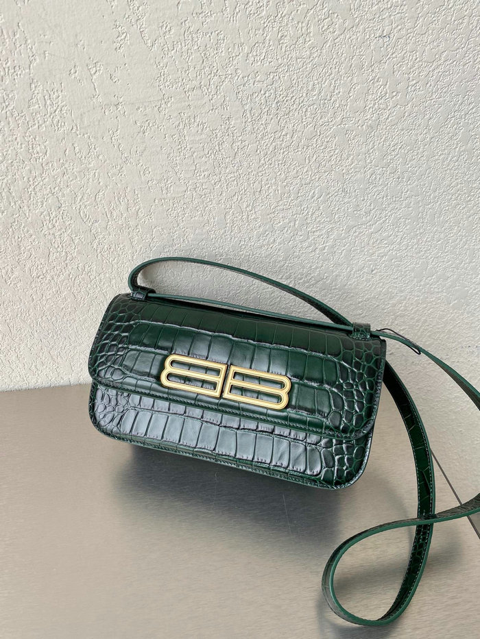 Balenciaga Gossip Small Croc-embossed Leather Shoulder Bag Green 674693