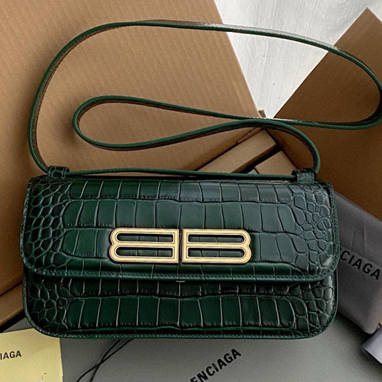 Balenciaga Gossip Small Croc-embossed Leather Shoulder Bag Green 674693