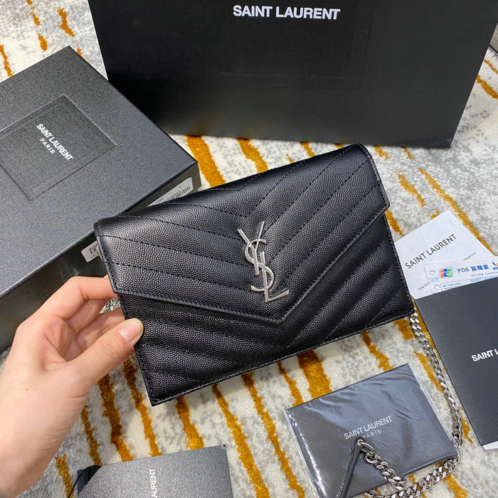Saint Laurent Envelope Chain Wallet Black with Silver 393953