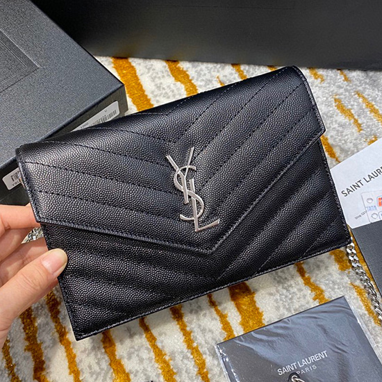 Saint Laurent Envelope Chain Wallet Black with Silver 393953