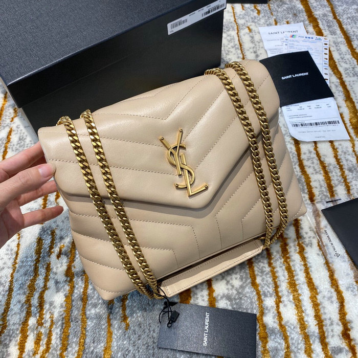 Saint Laurent Small Leather Loulou Chain Bag Beige with Gold 494699