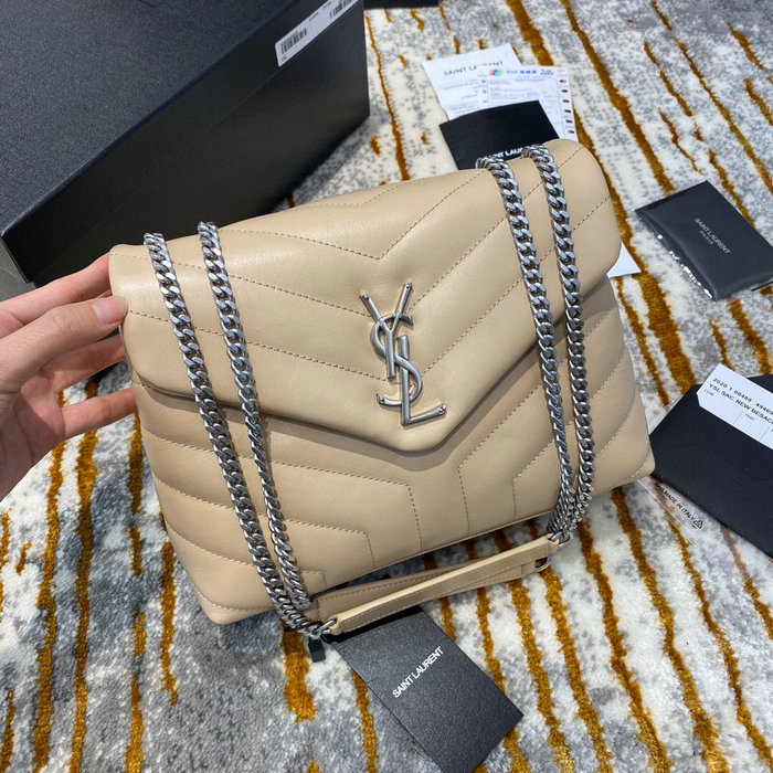 Saint Laurent Small Leather Loulou Chain Bag Beige with Silver 494699