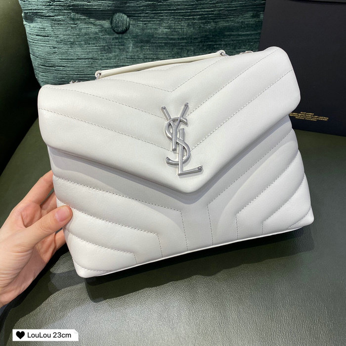 Saint Laurent Small Leather Loulou Chain Bag White 494699