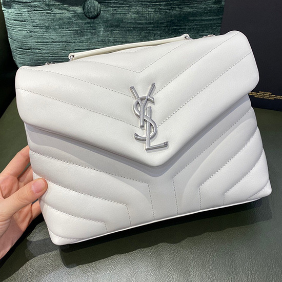 Saint Laurent Small Leather Loulou Chain Bag White 494699