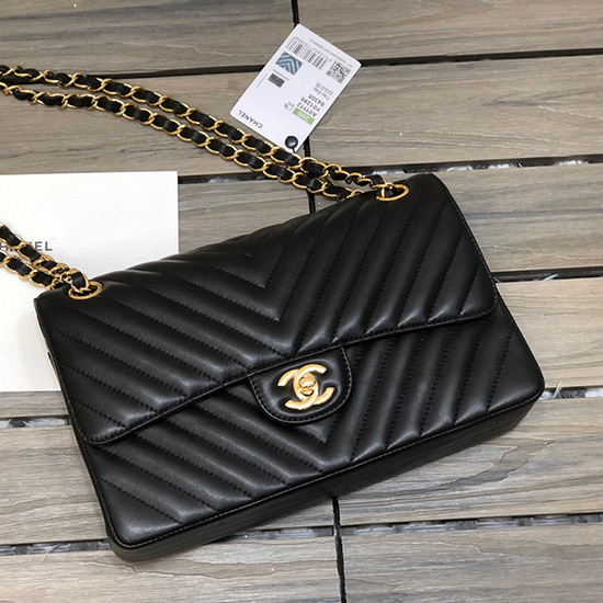 Classic Chanel Chevron Medium Flap Bag Black with Gold CF1112