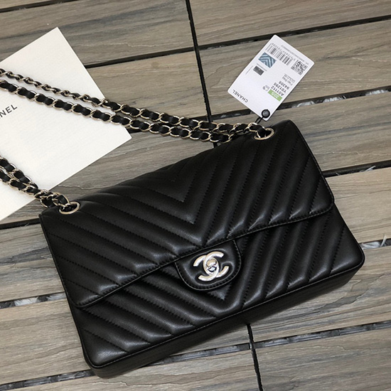 Classic Chanel Chevron Medium Flap Bag Black with Silver CF1112