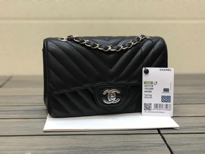 Classic Chanel Chevron Small Flap Bag Black with Silver CF1116