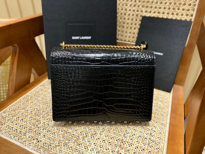 Saint Laurent Medium Embossed Crocodile Sunset Bag Black with Gold 442906